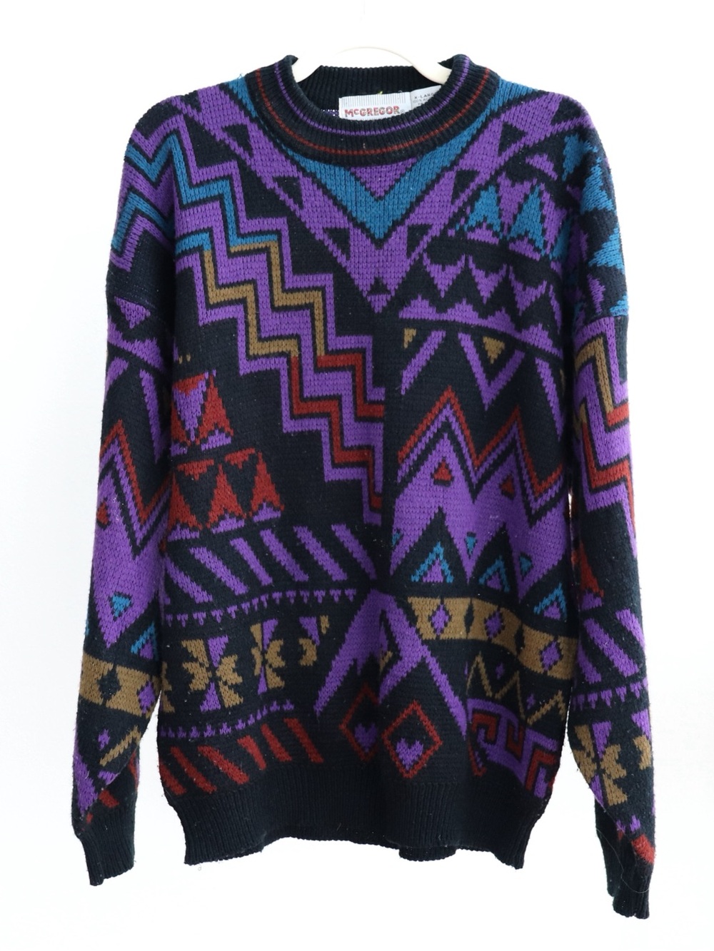 McGREGOR 80s Vintage Knit Sweater Geometric Pattern in Purple/Black/Blue XL